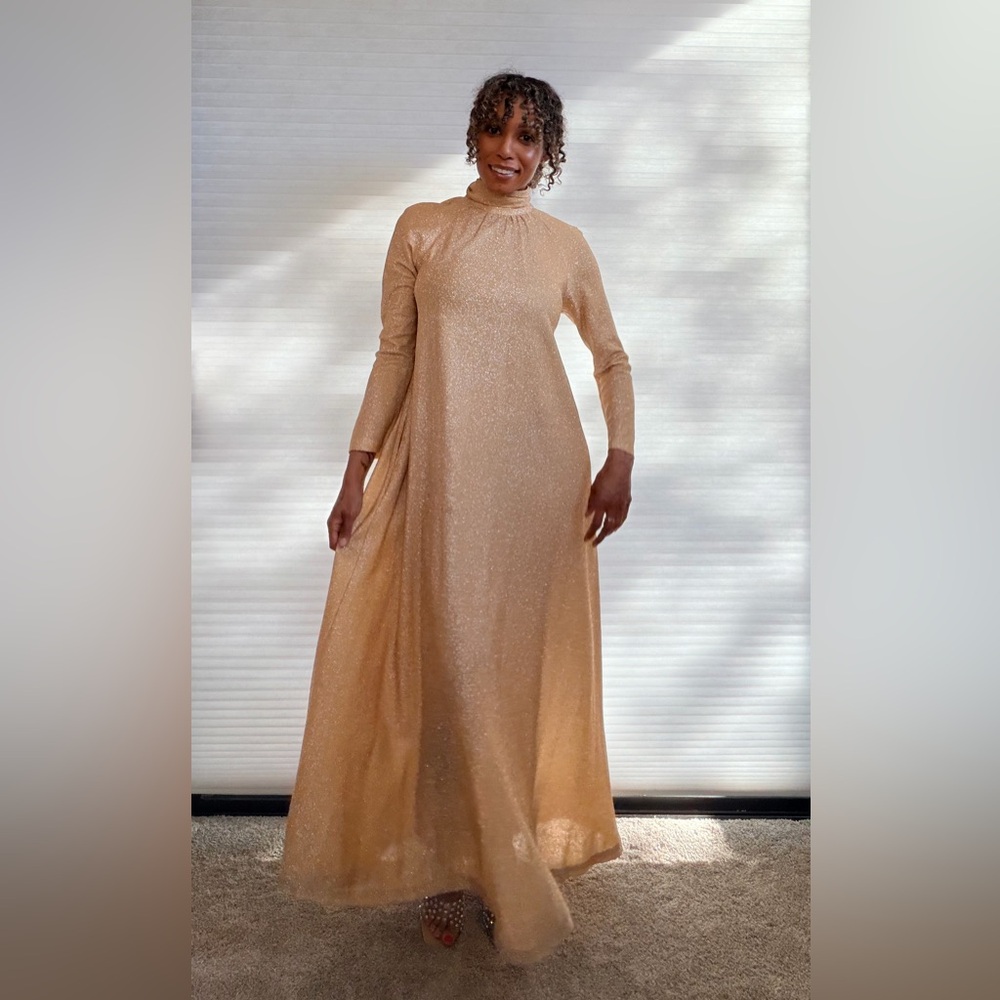Vintage 1970s Loll Ease Gold Metallic Lurex Hostess Gown | Sparkling Maxi Dress
